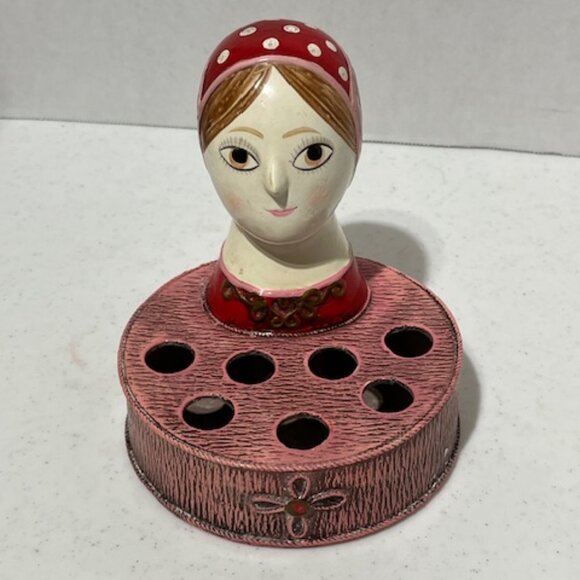 VTG Paul Marshall Paper Mache Girl Head Lipstick/ Makeup Holder 5.75